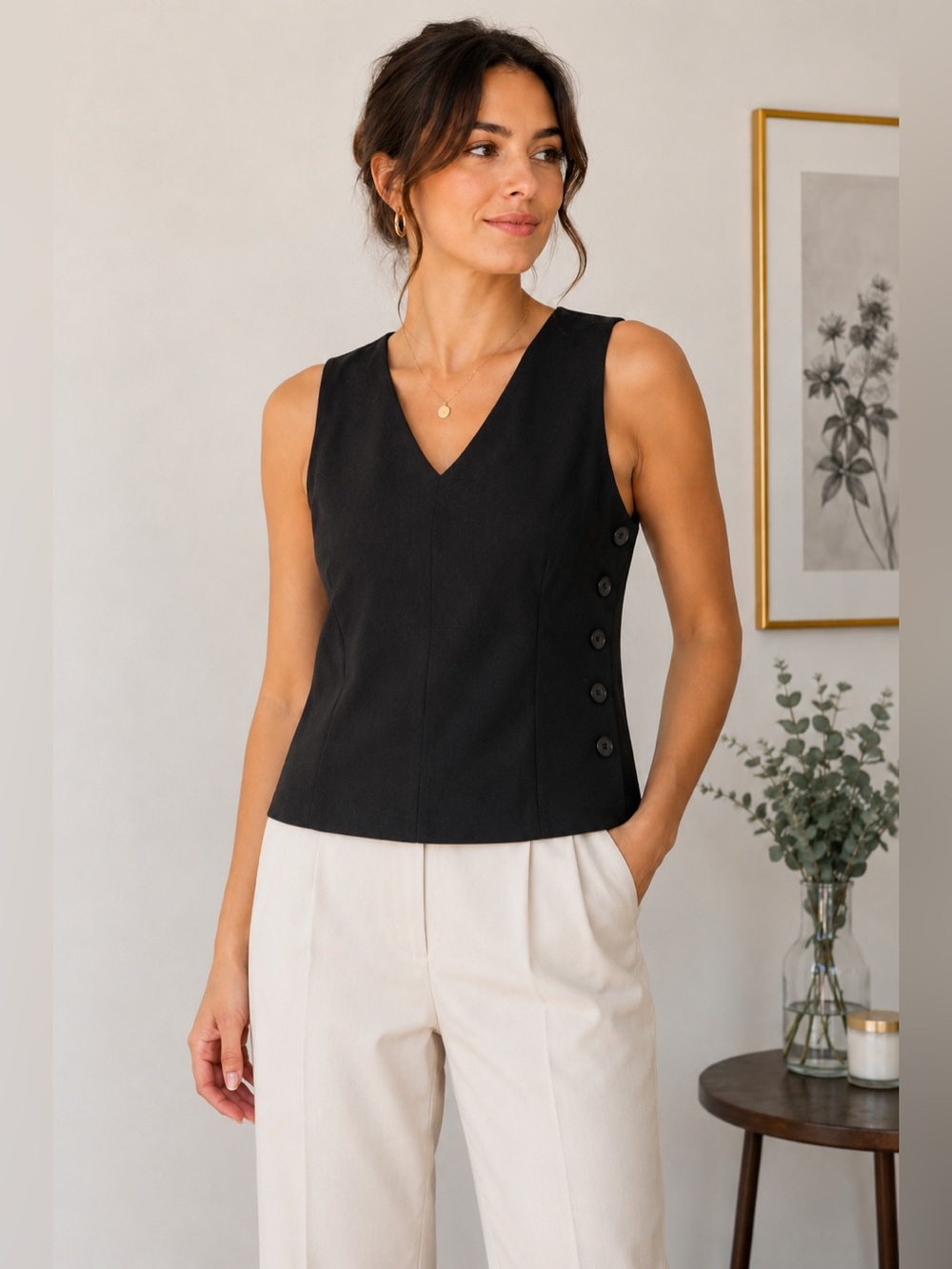 Devonshire Cream Black V-Neck Sleeveless Button Side Top Size S Vintage 90s